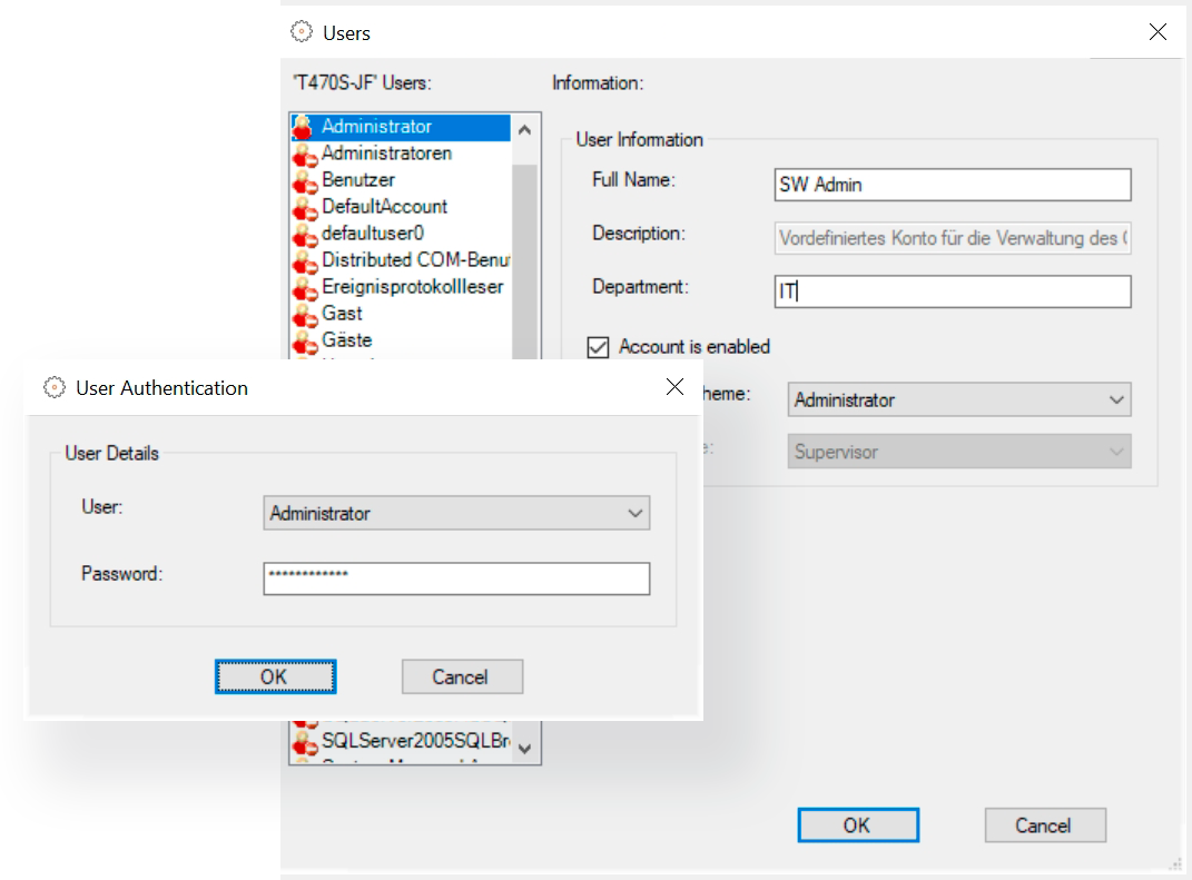 Software interface showing the security add on module with the user administration panel open