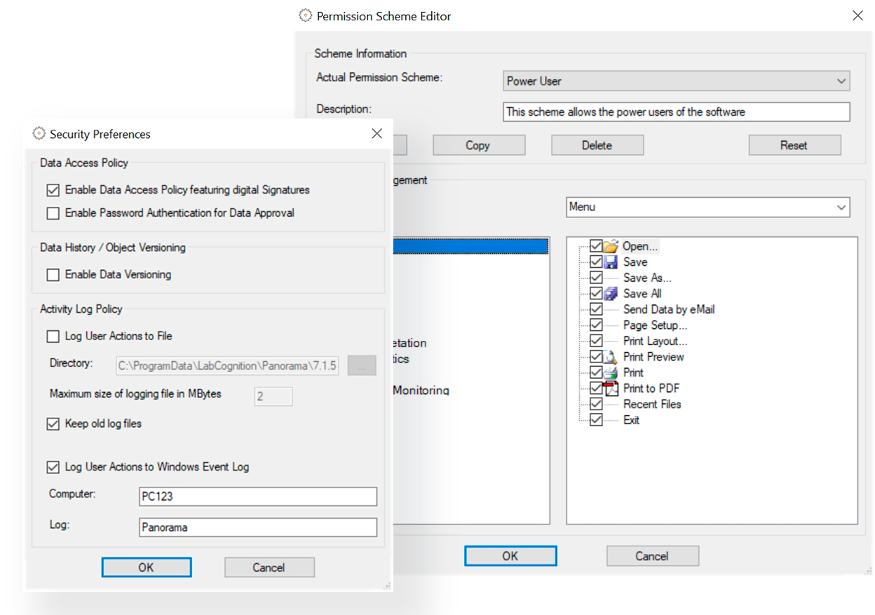 Software interface showing security add on module with permission scheme open